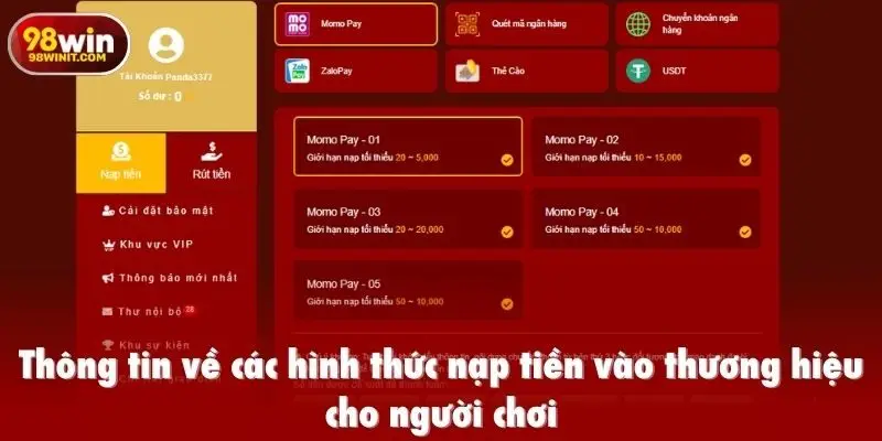Thông tin về các hình thức nạp tiền vào thương hiệu cho người chơi