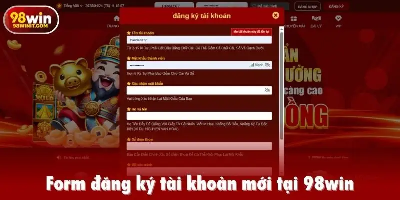 Form đăng ký tài khoản mới tại 98win